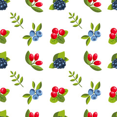 Summer forest berries. Blueberries, blackberries and cowberries. Pattern. Flat vector modern design on a whit background.
