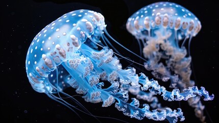 Group of vibrant jellyfish in aquarium.