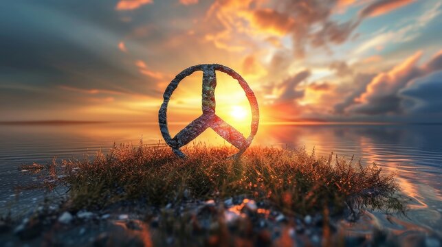 Peace sign on the beach at sunset