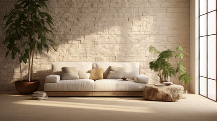 A chic living room with a stone wall, green plants, and ample natural light
