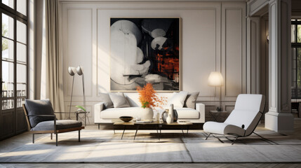 A chic living room with an augmented reality painting, a white armchair, and a patterned area rug