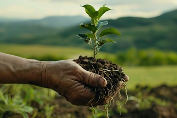A poignant image capturing a hand tenderly cradling a young tree sapling, its roots wrapped in soil