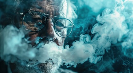 Un homme senior fumant une cigarette, fumée épaisse, image avec espace pour texte. - obrazy, fototapety, plakaty
