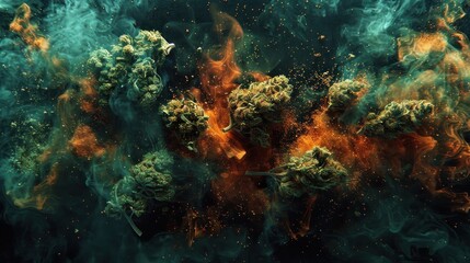 Fototapeta na wymiar Des têtes de cannabis avec de la fumée colorée.