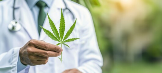 Un médecin tenant une feuille de cannabis dans la main, image avec espace pour texte. - obrazy, fototapety, plakaty