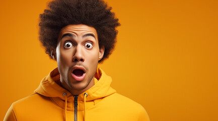 Portrait d'un homme noir surpris, jeune homme sur un fond orange, image avec espace pour texte.