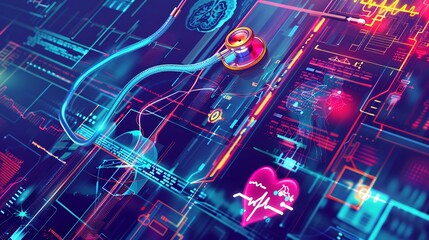 Dive into the future of medical research and cardiology healthcare, where an innovative diagnosis vitals infographic and biometric data visualization illuminate the scene - obrazy, fototapety, plakaty
