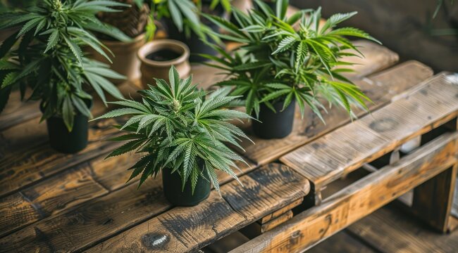 Des plants de cannabis sur une table en bois, image avec espace pour texte.