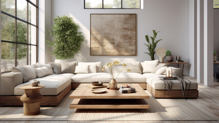 A chic living area with an earth-friendly sectional, accent chairs and coffee table crafted from reclaimed wood