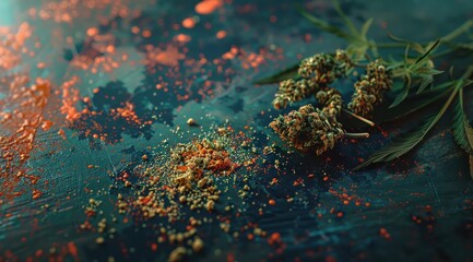 Du cannabis sur un fond en ardoise, image avec espace pour texte.