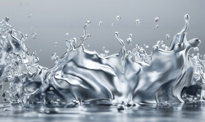 Silver water on a gray background. Abstract liquid metal shape, splash, wave.