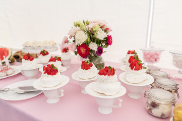 Fototapeta na wymiar Wedding Cake with Strawberry on top and Fruits.