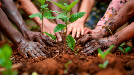 Unity in Diversity: In a display of global unity, hands of diverse ethnicities and cultures join forces to plant a tree, symbolizing a collective commitment to caring for our planet