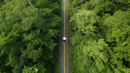 Aerial view of a car driving down a road surrounded by trees