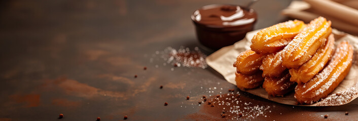 professional photo of cinnamon sugar churros with chocolate sauce sweet deep fried pastry treat...
