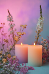 Obraz na płótnie Canvas burning candles in violet lavender purple pastel color with flames in peaceful calm studio still life setting for meditation, spa, retreat, prayer, faith, christmas, advent