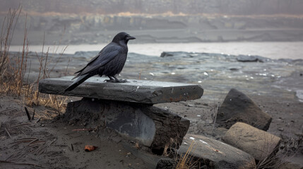 Black bird ona bench in the beach - obrazy, fototapety, plakaty