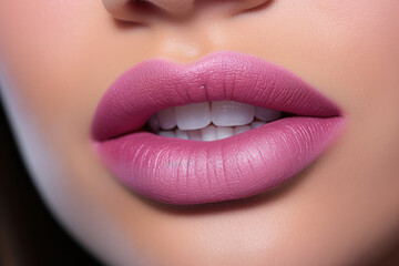 Fototapeta premium Detailed macro shot of vibrant pink lips with a subtle shimmer. Ideal for cosmetics, beauty products, and makeup artist portfolios. Highlights natural texture and color.