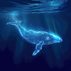 phosphorus whale diving down in deep blue ocean water color ice blue marble background card   - obrazy, fototapety, plakaty