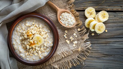 Obraz na płótnie Canvas porridge with slices of banana in a bowl with wooden spoon, top view on a rustic table with linen cloth