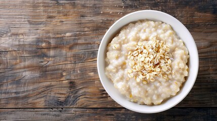 plain porridge in a white bowl, top view on a vintage, rustic table with copy space