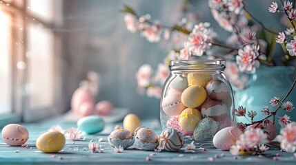 Obraz na płótnie Canvas a glass jar filled with colorful Easter cookies shaped like eggs, creating a delightful and inviting scene that embodies the joy of the season.