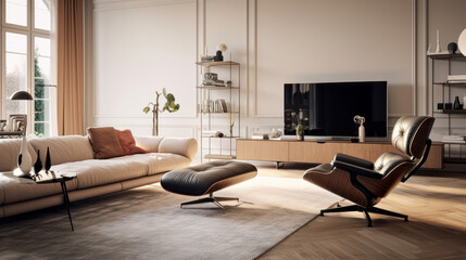 A chic living room with a black leather armchair, and a patterned area rug