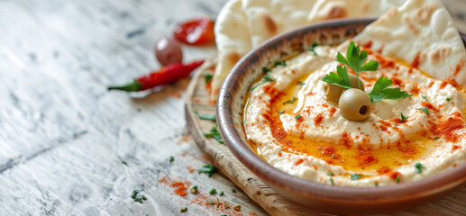 close up of bowl of fresh organic hummus Lebanese arabic dish with olives paste dip pita bread herbs paprika for protein appetizer lunch dinner in magazine editorial studio look healthy creamy diet