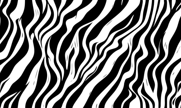 Abstract vector pattern of wavy stripes or rippled 3D embossed black and white lines. Twisted curved stripe, modern trendy curves, geometric background of zebra texture or tree bark texture.