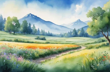Tuinposter summer meadow landscape watercolor background © Magic Art