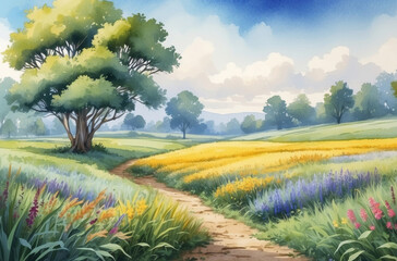 summer meadow landscape watercolor background