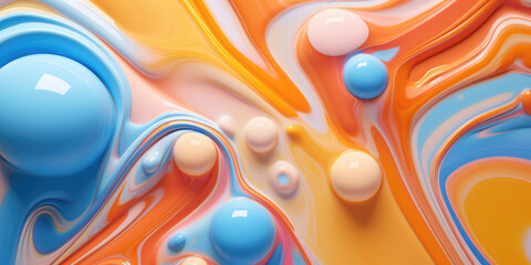 Vibrant liquid swirls with glossy orbs in a mesmerizing flow of colors. Ideal for modern art and...