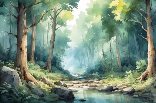 spring in the forest watercolor background