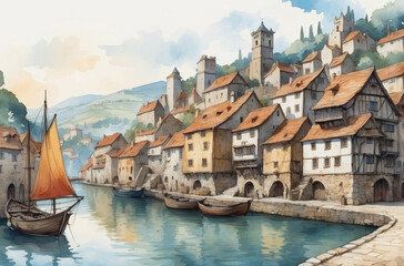 medieval city watercolor background