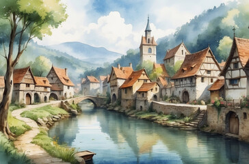 medieval city watercolor background - obrazy, fototapety, plakaty
