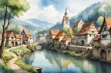 Foto op Canvas medieval city watercolor background © Magic Art