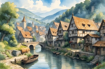 Fototapeta na wymiar medieval city watercolor background