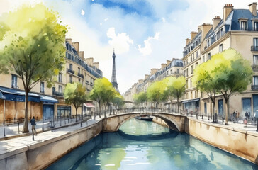 Paris street cityscape watercolor background