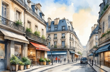 Fototapeta na wymiar Paris street cityscape watercolor background