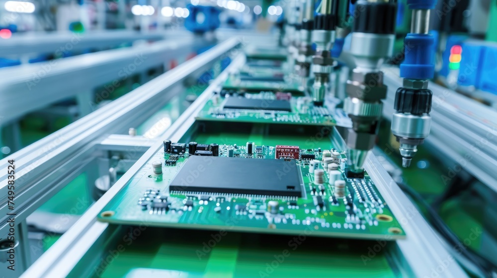Aufkleber Automated PCB assembly line. Conveyor with robotic arms in electronics factory. Semiconductor manufacturing industry