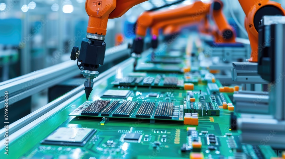 Aufkleber Printed circuit board assembly process. Conveyor with robotic arms in electronics factory. Semiconductor manufacturing industry
