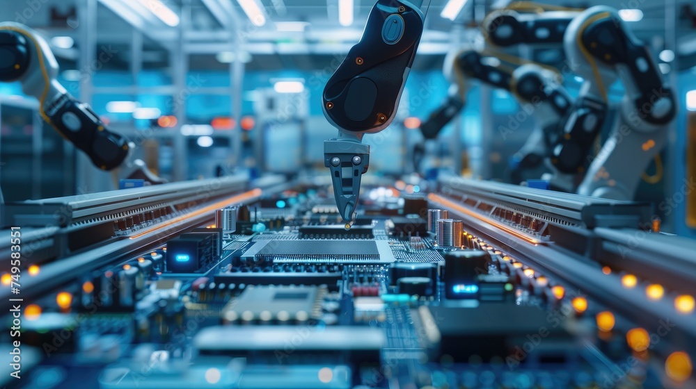 Poster Automated PCB assembly line. Conveyor with robotic arms in electronics factory. Semiconductor manufacturing industry