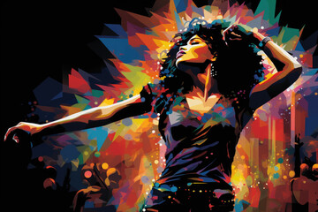 Vibrant abstract portrait of a woman dancing with colorful geometric patterns emanating.