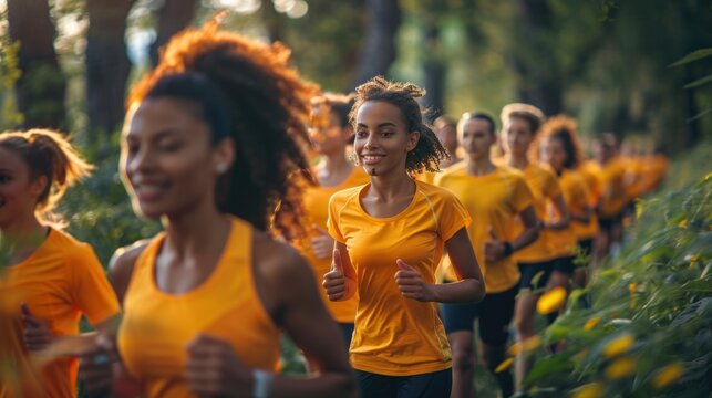 Group of young people in sports clothing jogging