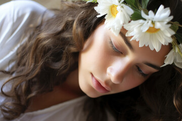 Obraz na płótnie Canvas Tranquil young woman with curly hair, adorned by white daisies, displaying serenity in soft focus lighting.
