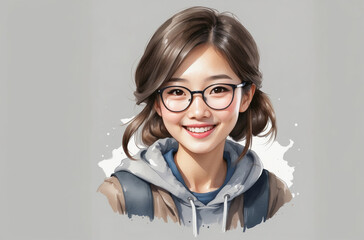 portrait of a Asian nerdy girl watercolor art