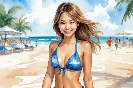 portrait of a Asian girl with bikini in the beach watercolor art