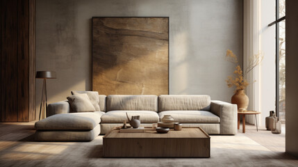 Fototapeta premium A chic living room with a textured wall finish, a wood coffee table, and a cozy sofa