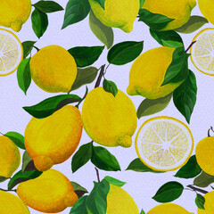 Lemons and leaves - seamless pattern. Watercolor background illustrations for greeting cards, fabric, kitchen textiles, wallpaper or wrapping paper. Use printed materials, signs, objects, websites,