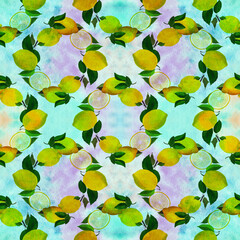 Lemons and leaves - seamless pattern. Watercolor background illustrations for greeting cards, fabric, kitchen textiles, wallpaper or wrapping paper. Use printed materials, signs, objects, websites, - 749584328